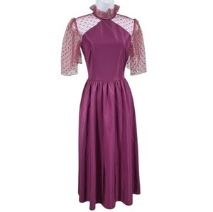 Vintage 80s Plum Polka Dot Sheer Ruffle Mock Neck Midi Dress Size S/M